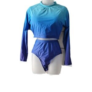 Gradient Turquoise Blue-Rashguard Bikini Swimwear Sz L